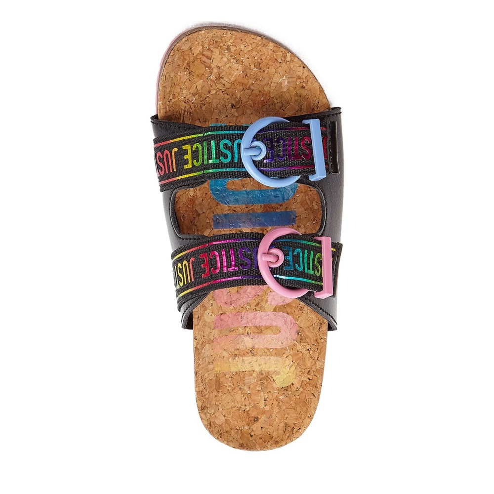 Justice Girl's Colorful Logo Double Strap Buckle Cork Footbed Sandal Size 6 New